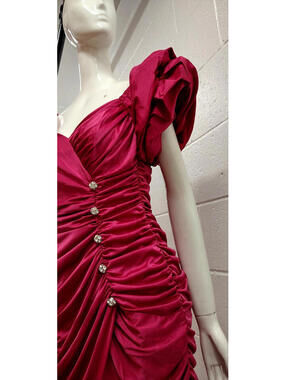 Dynasty Era Samir Couture Pink Fuchsia Dress M Balloon Sleeve Draped Rhinestones